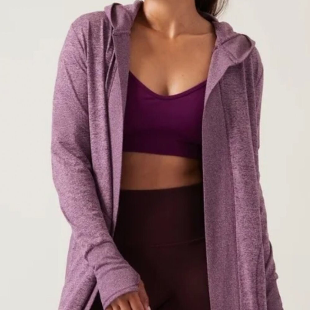 Athleta Heathered Plum Open-Front Hooded Longline Sweatshirt